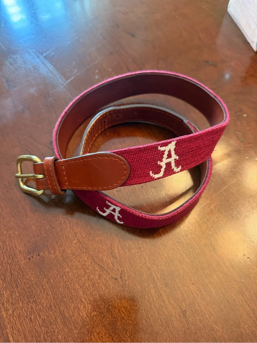 Smathers & Branson Crimson Needlepoint 'A' Alabama Belt with Leather